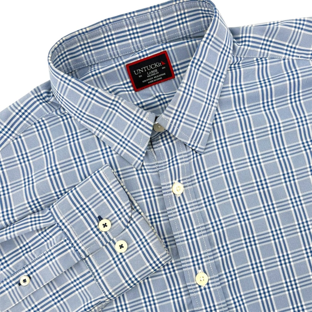 UNTUCKit Morisoli Blue Plaid Performance Shirt Mens Large Relaxed Fit 40380